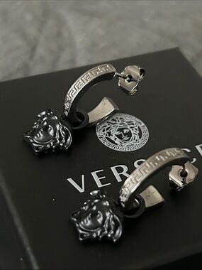 Versace Black Medusa Drop Hoop Earrings